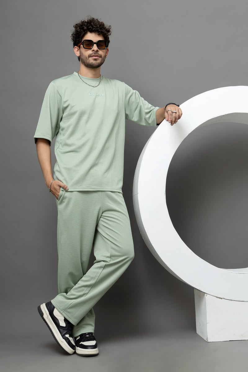 Go Devil Sage Green Textured T-Shirt With Pant Co-Ord Set For Men - Image 4